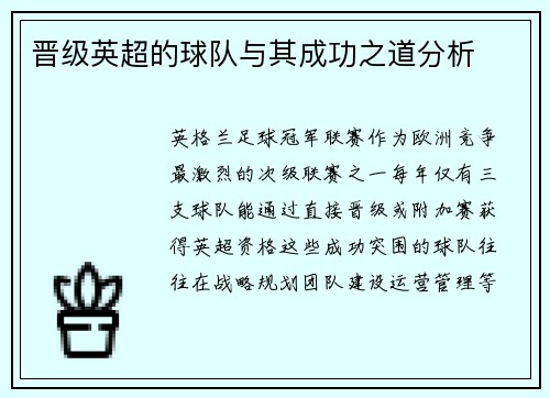 晋级英超的球队与其成功之道分析
